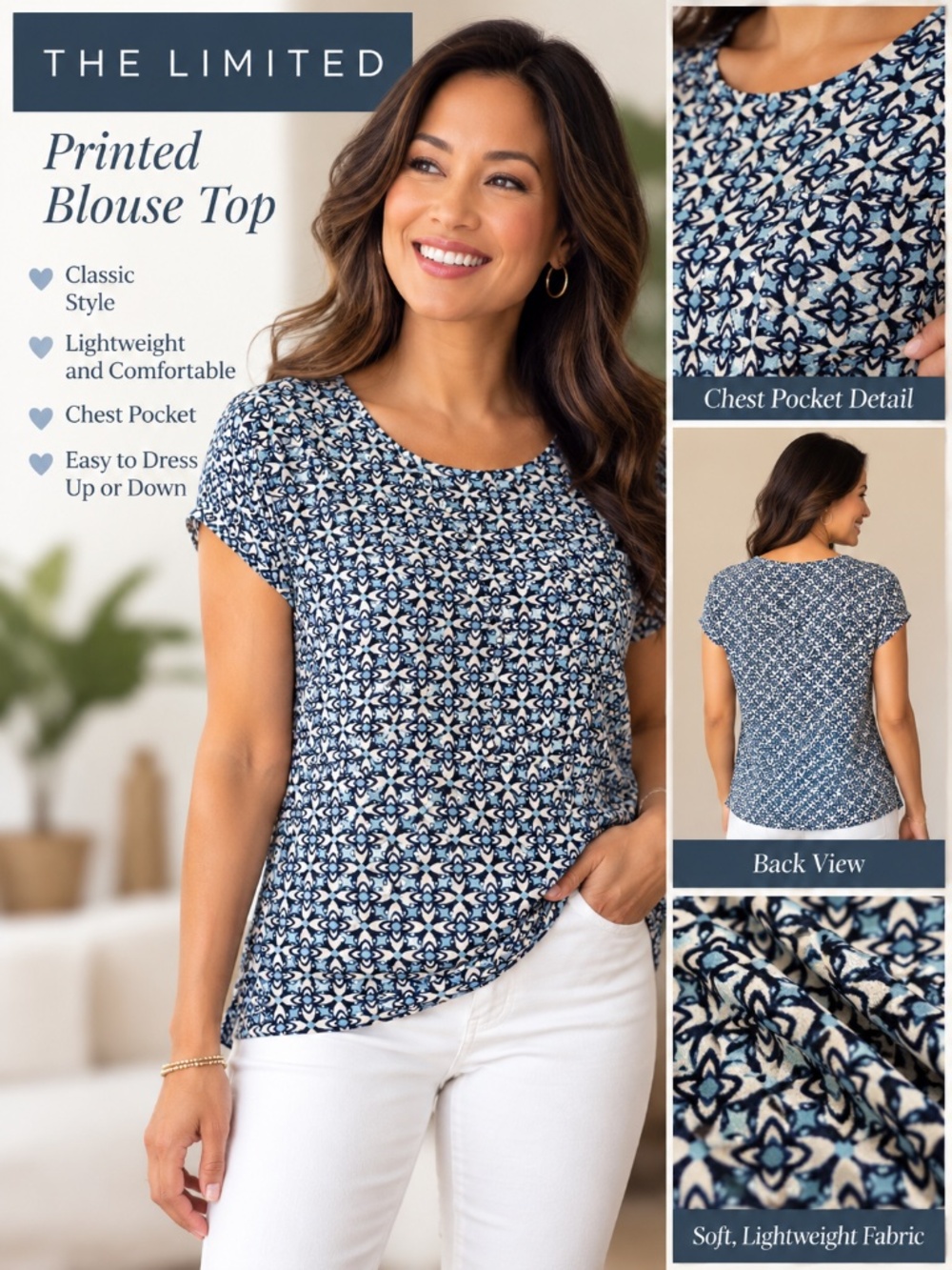 THE LIMITED Blue Geometric Print Blouse Top | Size Small